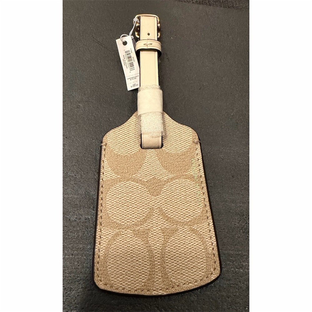Coach Signature Canvas Luggage Tag Khaki/Chalk Leather Strap Gold Tone - Picture 2 of 4